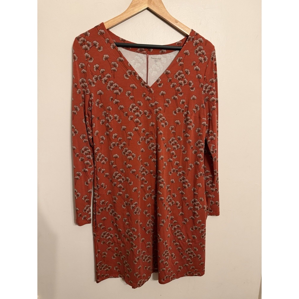 Garnet Hill Women's Orange Ginkgo Leaf Shift Dress LS Pockets Cottage Small